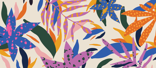 Colorful abstract botanical shapes seamless background pattern. Random cutouts of tropical leaves, exotic flowers and plants. Modern decor art vector illustration. Cute wallpaper design