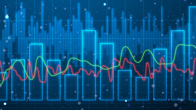 Futuristic bar chart wallpaper with red and green trend lines. Glowing financial static data illustration. Stock market digital display