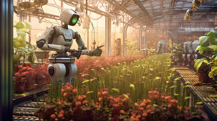 A robotic machine harvests and cares for plants in a greenhouse. Modern smart farming agricultural technology. Future agriculture.