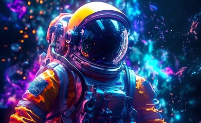 Obraz na płótnie Canvas Astronaut on colorfull bright surface with space background. Astronaut walk on the moon wear cosmosuit. Future concept. Generative AI.