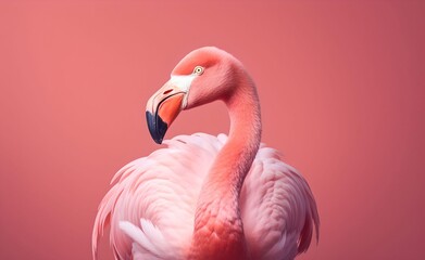 Pink flamingo against pink background. Generative AI.