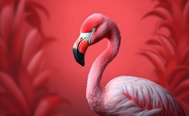 Pink flamingo against pink background. Generative AI.