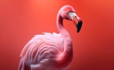 Fototapeta premium Pink flamingo against pink background. Generative AI.