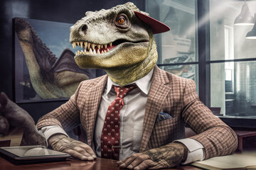 Funny looking dinosaur in businessman suit sitting at office desk, obsolete dying professions of personal Banker or Accountant concept. Generative AI