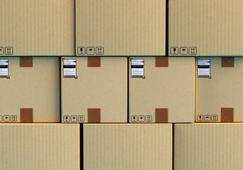 Cardboard boxes. Background with parcels. Boxes with courier sticker. Labeling for fragile goods on packaging. Background for courier business. Delivery boxes. Warehouse cardboard parcels. 3d image