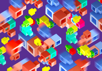 Multicolored background. Cubes with children kit. Colored blocks for children. Multicolored backdrop for children design. Three-dimensional wallpaper. Children toy blocks kit. 3d image