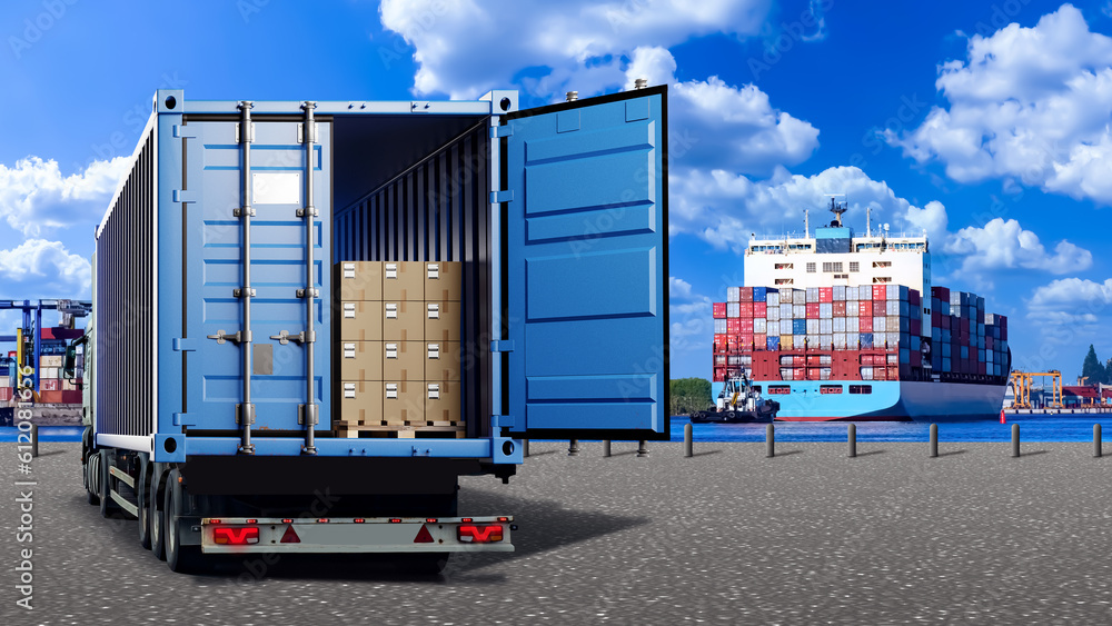 Poster truck in harbor. open container with boxes. sea harbor. place for unloading ships. harbor on ocean. 