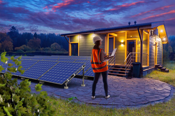 Solar power station. Woman engineer with laptop. Solar panel master. Mini power station for home. Cottage with solar generators on summer evening. Woman specialist in regenerative energy