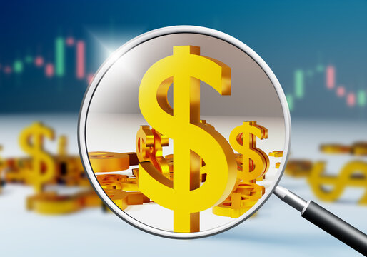 Dollar symbol. USD sign under magnifying glass. Profit analysis concept. Study of income and expenses. Analytics of financial condition. Economic profit audit. Golden dollar logo. 3d image