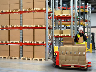 Warehouse business. Fulfillment center. Logistic warehouse. Racks with boxes. Distribution center....