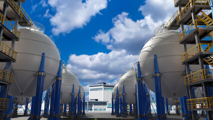 Industrial enterprise. Spherical pressure tanks. Place for storage of liquefied gas. ASME equipment. BPVS industrial tanks. Modern factory under blue sky. Oil and fuel storage tanks. 