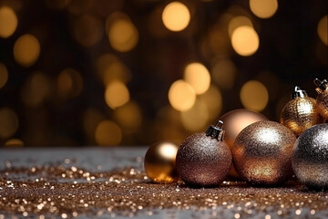 Golden Christmas baubles and bokeh light New year background Generative AI