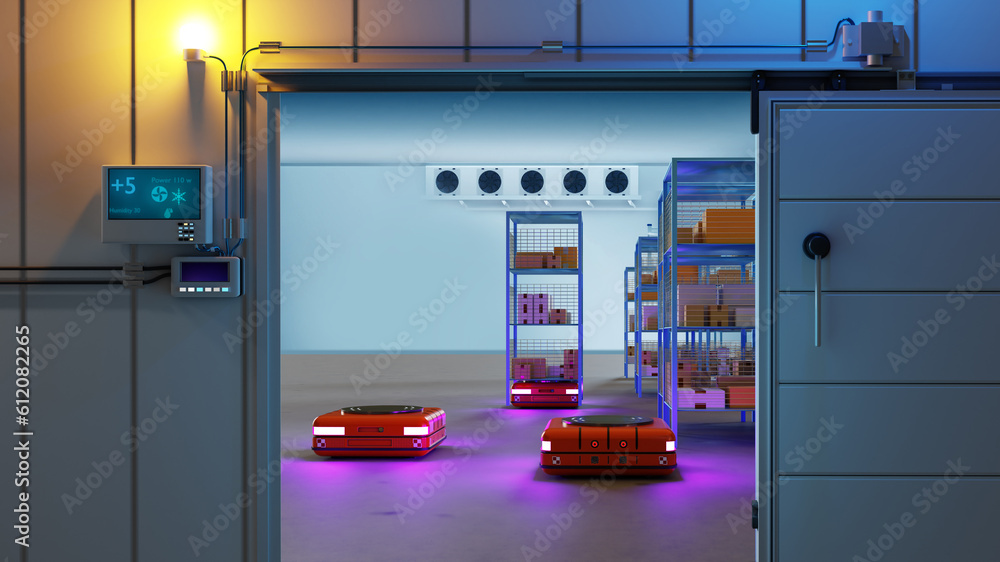 Poster refrigerator warehouse. amr and agv technology. robots work instead of storekeepers. gate to refrige