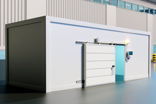 Refrigerated chamber. Container for storing frozen products. Refrigerated container near hangar. Frost chamber for food. Industrial refrigeration equipment. Territory of warehouse company. 3d image