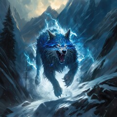 A blue wolf is running up the mountain path towards