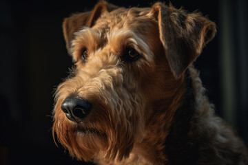 Portrait of a dog of the Airedale Terrier breed close-up, generative ai