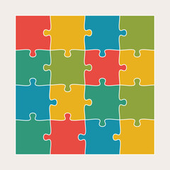 Sixteen connected jigsaw puzzle parts flat vector illustration. Infographic template with separate matching pieces. Teamwork concept.