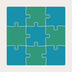 Nine connected jigsaw puzzle parts flat vector illustration. Infographic template with separate matching pieces. Teamwork concept.