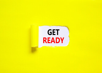 Get ready symbol. Concept words Get ready on a beautiful white paper on a beautiful yellow background. Business, support, motivation and get ready concept. Copy space.