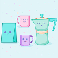 Coffee set. Pack of coffee, cups and coffee maker in kawaii styl