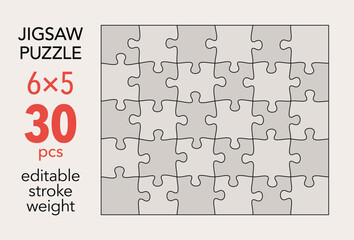 Empty jigsaw puzzle grid template, 6x5 shapes, 30 pieces. Separate matching puzzle elements. Flat vector illustration layout, every piece is a single shape.
