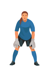 Isolated girl figure of a women's football goalkeeper in blue uniform who stands upright in goal and waits for the ball