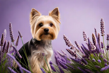 Yorkshire Terrier dog on lavender background - obrazy, fototapety, plakaty