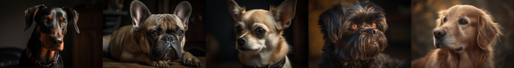 Obraz premium Banner with five images of dogs, pets, Affenpinscher and Chihuahua, Dobermann and Golden Retriever, French Bulldog, generative ai