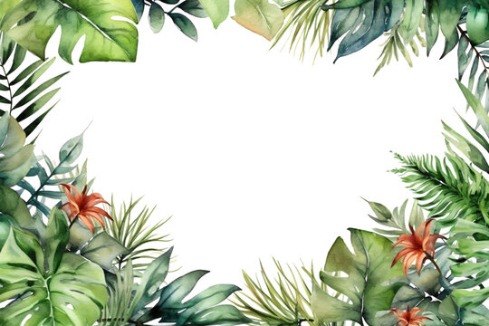 borders with greenery like Philodendron  framing an empty text space in watercolor design isolated against transparent