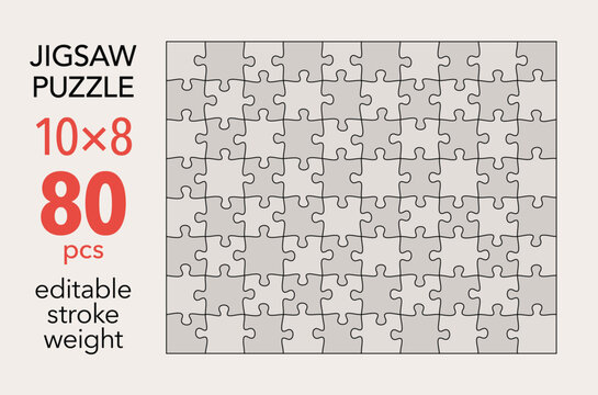 Empty jigsaw puzzle grid template, 10x8 shapes, 80 pieces. Separate matching puzzle elements. Flat vector illustration layout, every piece is a single shape.