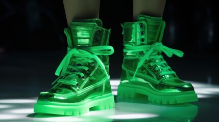 Fierce Footwear On Runway Under Shamrock Green Lights. Generative AI.