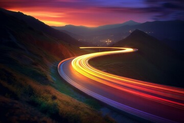 Journey through a Blurry Mountain Road, Bold Colors, Dynamic Lines, Generative AI