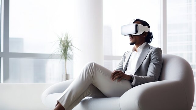 Young man sitting in a armchair, wearing a virtual headset in a white room - generative AI