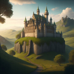 old fairytale castle on the hill. Fantasy illustration. generative AI.