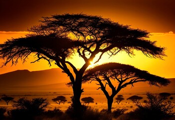 an African savannah at sunset. golden hue of the setting sun, silhouetted acacia trees, and the expansive landscape. 