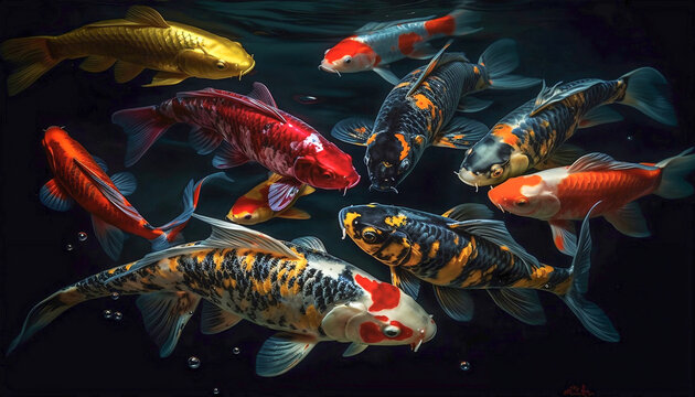 Top view of colorful school koi fishes in clear water. AI generative and fish concept