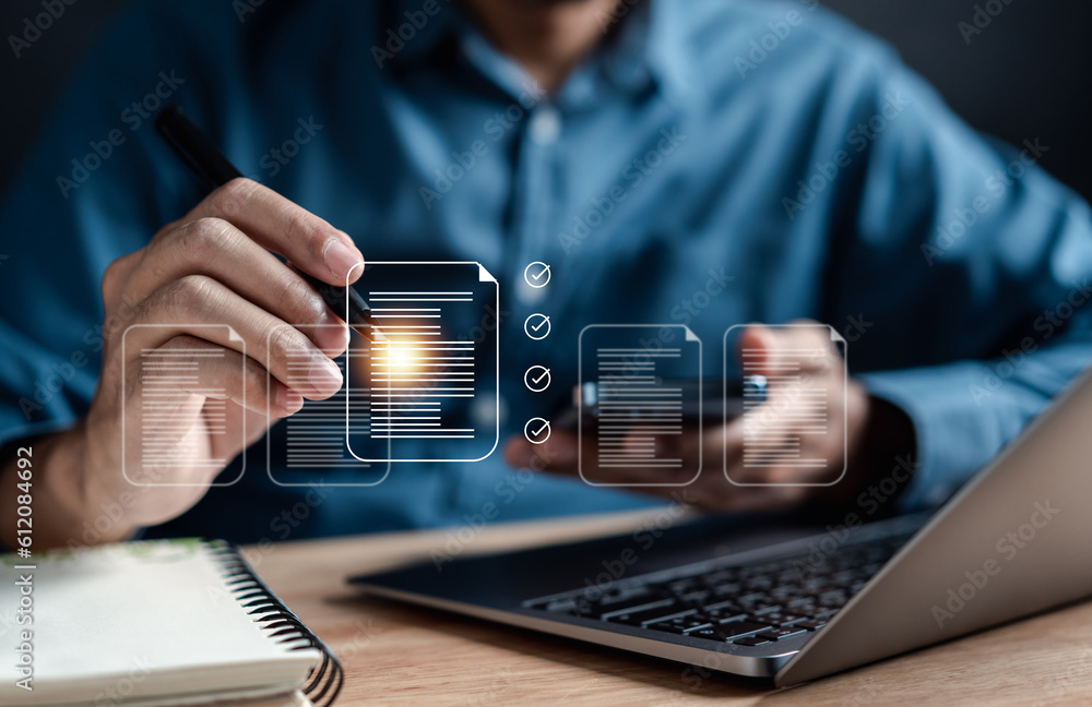 Aufkleber Document checking quality and approve management with Quality Assurance Standardization, certification. Document Management System, online documentation database manage files.