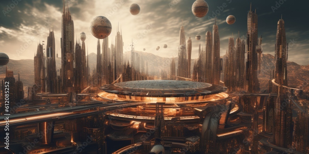 Poster a futuristic city in the middle of a desert. generative ai image.