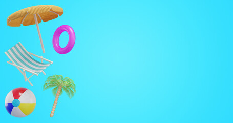 Summer banner. Umbrella inflatable ring beach ball deck chair palm tree. 3d rendering