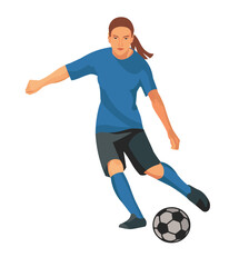 Isolated figure of girl football player dribbling the ball on the field and going to kick a ball on a white background