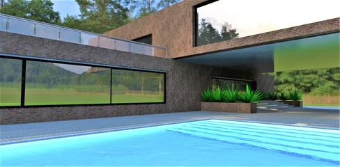 The steps are visible through the transparent water of the pool. The courtyard of a cozy and technologically advanced house in the forest. Walls finished with brown bricks. 3D rendering.