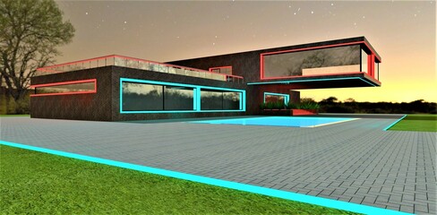 Attractive lighting of the exterior elements of a private country house against the backdrop of the evening starry sky. 3D rendering.