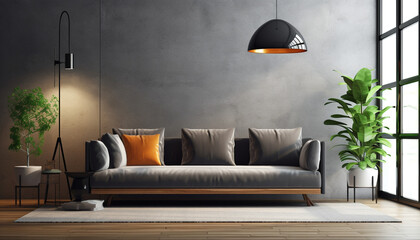 Interior of Living Room modern style with a grey fabric sofa, Wooden side table, and white ceiling lamp on the wooden floor. Generative AI