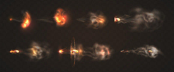 Realistic 3d flying bullets with smoke trace. Gun flashes with fire sparkles isolated on transparent background. Firearm projectiles, blast motion. Pistol shots clouds, muzzle shotgun explosion. - obrazy, fototapety, plakaty