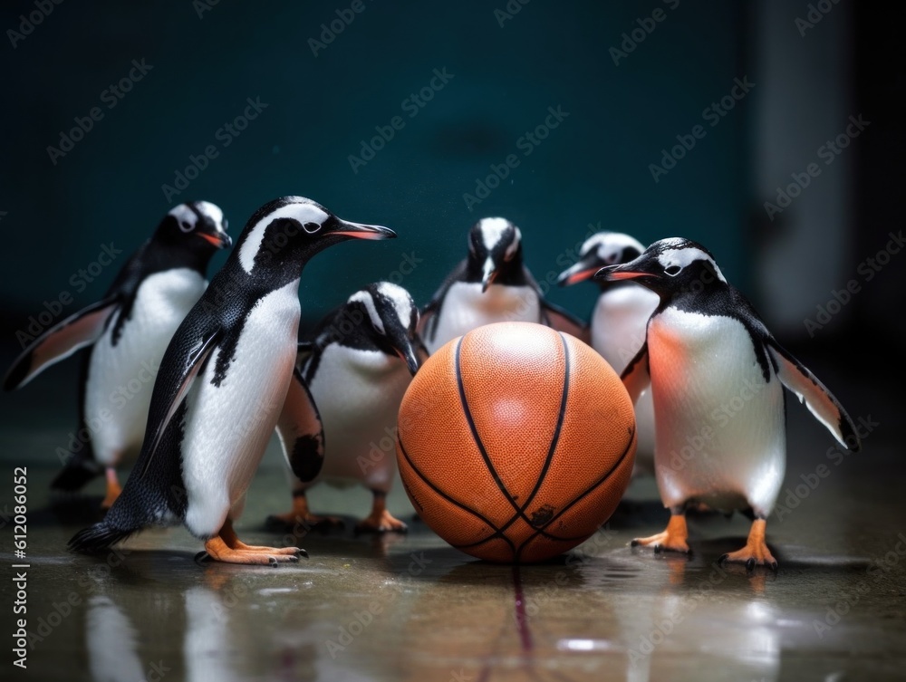 Poster a group of penguins standing around a basketball. generative ai image.
