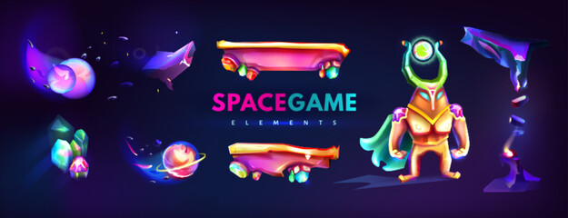 Cartoon cosmic game graphic elements for computer or mobile gui design. Platforms, asteroids, neon astronaut and flying crystal rocks. Space background with spaceman, stages and planets. Cosmic set.