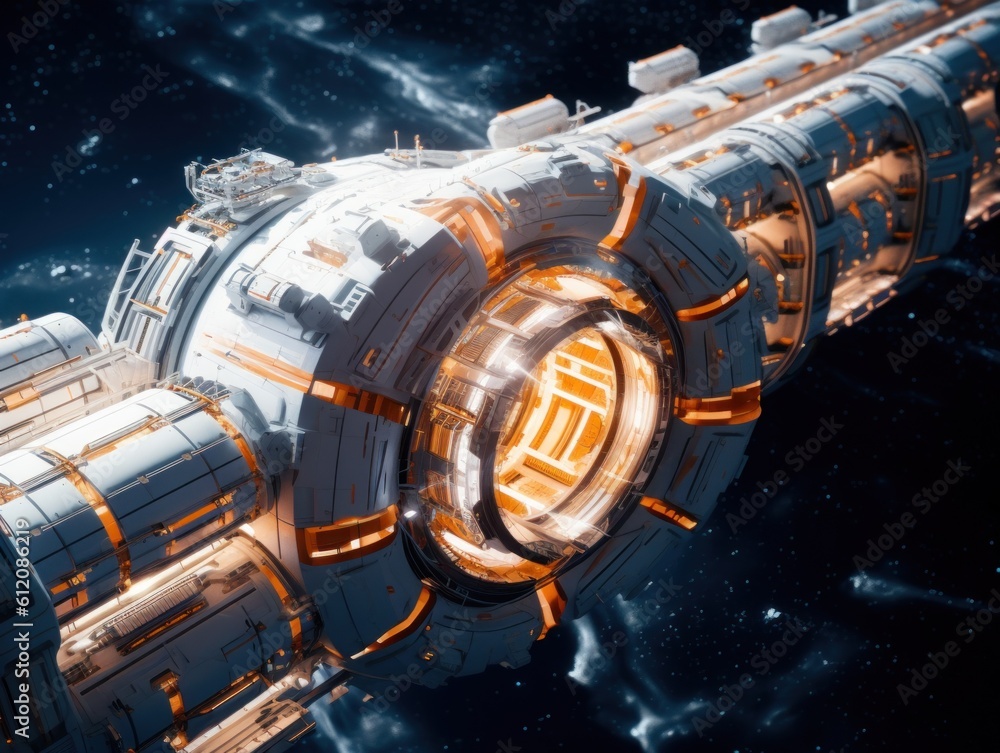 Poster a futuristic space station in the middle of space. generative ai image.