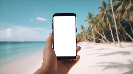 Hand holding mobile phone with cut out screen on summer beach resort background. Based on Generative AI