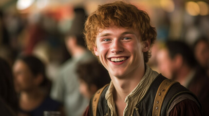 young adult man wears a traditional costume, happy and content, having fun at a city festival or oktoberfest, many people in the background, crowd, festivities