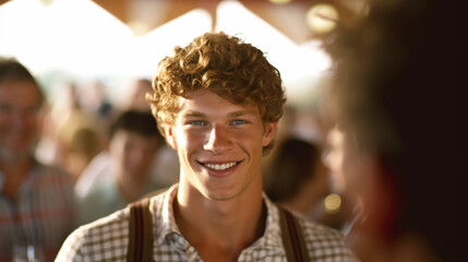 young adult man wears a traditional costume, happy and content, having fun at a city festival or oktoberfest, many people in the background, crowd, festivities